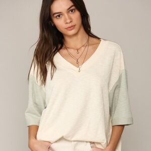 Sage/cream Contrast Sleeve Knit Rib Top